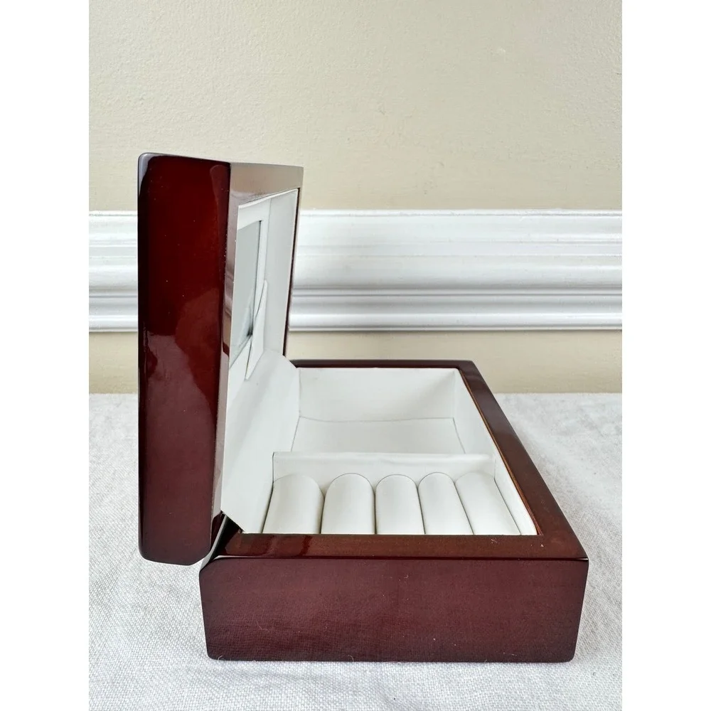 Cherry Wood Jewelry Box High Gloss Lacquer Mirror Ring Rolls White Velvet Lining